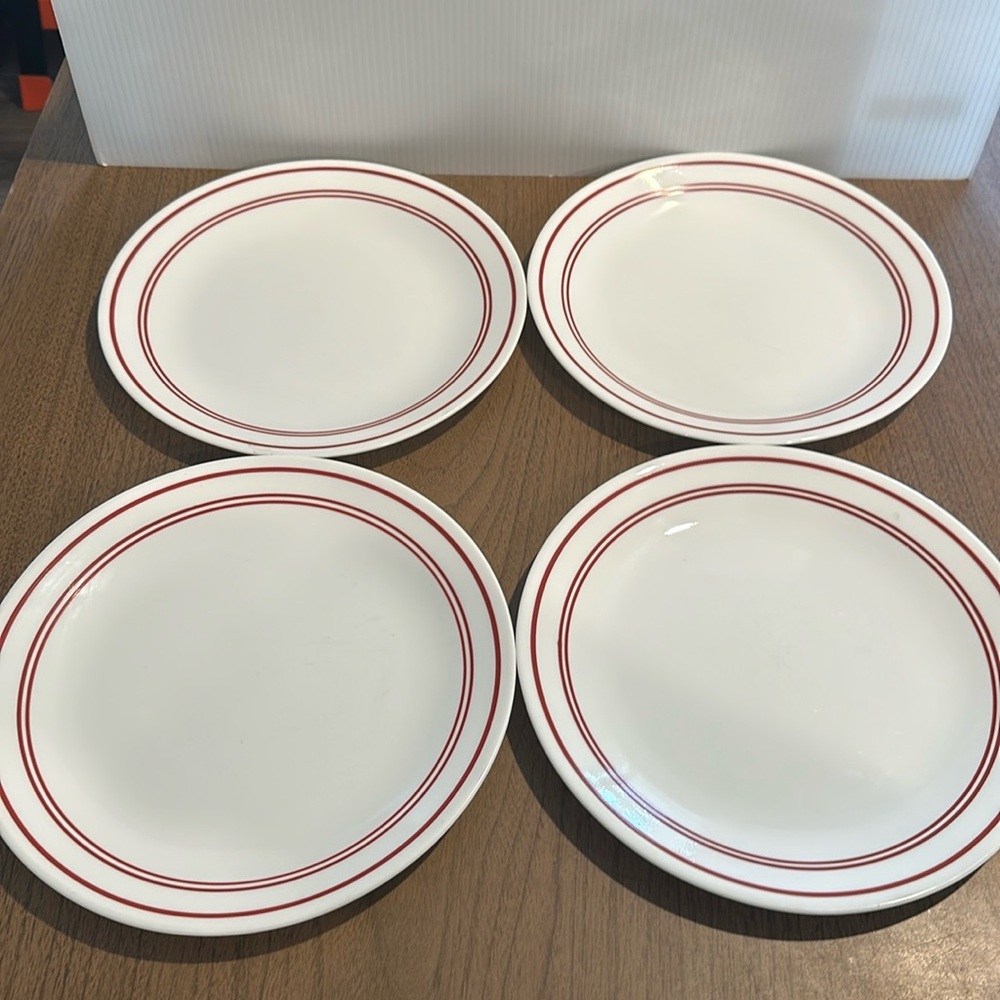 4-Corelle Classic Cafe Red Dinner Plates White Plates Red Rings Bands 10 1/4”